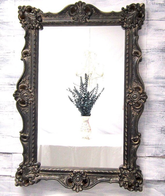 Patina Black Baroque Mirror 41 X27 Hollywood Regency Decor Ornate Large Vintage Unique Vanity Old World Framed