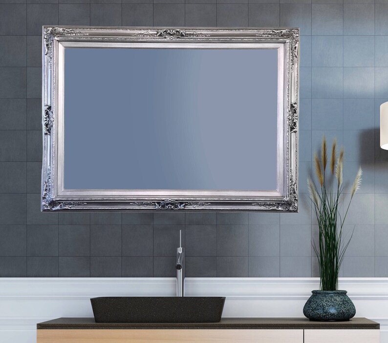 Bathroom Mirror For 44 X32 Vanity Mirrors Silver Framed Brushed Nickel Baroque Ornate Unique Decorative Wall Rectangle