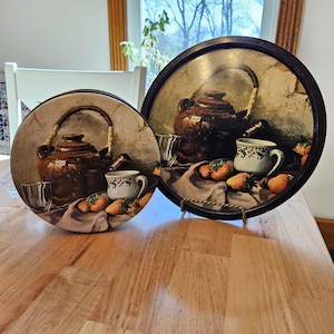 Vintage Strawberry Serving Tray and Tin- Teapot, Teacup, Still-life Painting
