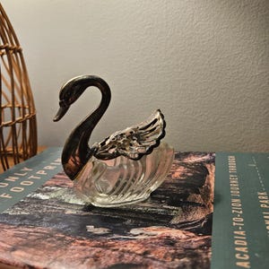 Vintage Glass and Silver Plate Swan Shaped Salt Cellar