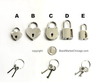 BDSM Padlocks & Keys for Lockable Buckle Collars Large and Small Heart-Shaped, Square, Round Functional Nickel-Plated Silver Chrome Finish