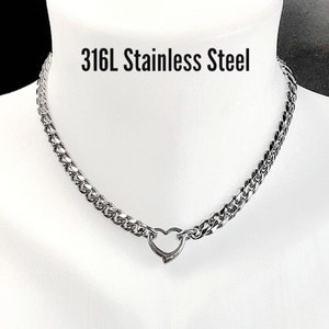 Sub Day Collar, Heart & Chain,  Permanent Lock Option, 24/7 Waterproof