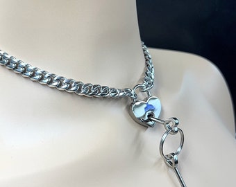 Discrete Chain & Padlock Day Collar SILVER 316L Stainless Steel w Small Nickel HEART  Locking Slave Choker or Necklace