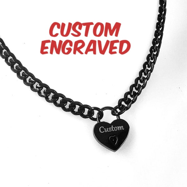 Custom Engraved Day Collar GUNMETAL Black 316L Stainless Steel Chain and SMALL Heart Padlock Locking Choker or Necklace