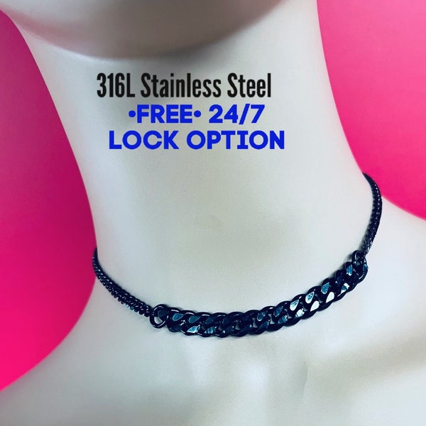 Sub Day Collar, BLACK Stainless Steel Chain, 24-7 Wear Necklace, Waterproof Lock option