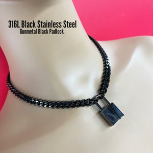 Sub Day Collar, BLACK Chain, SQUARE Steel GunMetal Padlock
