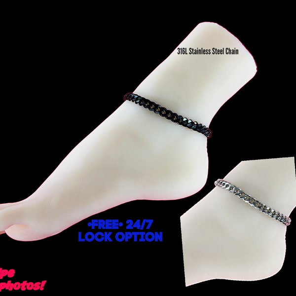 Sub or Dom Ankle Bracelet, Discreet, BLACK Chain, Waterproof, Permanent Locking