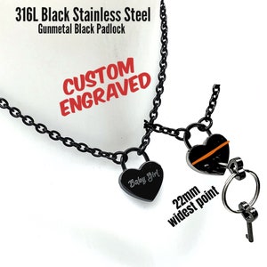 Submissive Day Collar Custom Engraved Gunmetal Black 316L Stainless DAINTY Steel Chain and SMALL Heart Padlock Locking Choker or Necklace