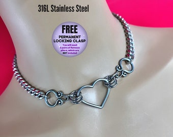 Gothic Sub Day Collar, Heart Ring, Stainless Steel, 24/7 Lockable, Waterproof