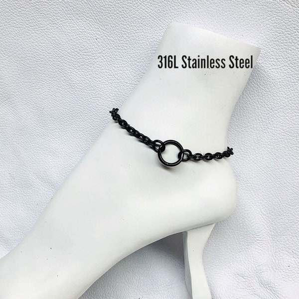 Black Chain Ankle Bracelet, All Stainless Steel Petite Chain and O-Ring, PERMANENT Lock Option