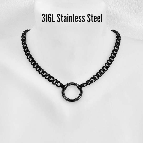 24/7 Locking Day Collar, Black Chain + Ring, Discreet Stainless Steel, Waterproof