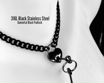 Discrete Chain & Padlock Day Collar BLACK Stainless Steel w Small HEART padlock