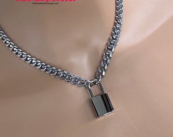 Padlock Chain Collar, NICKEL Square Padlock, Stainless Steel Chain