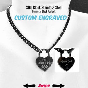 Sub Day Collar, Custom Engraved, GUNMETAL Black Stainless Steel Chain and LARGE Heart Padlock Necklace