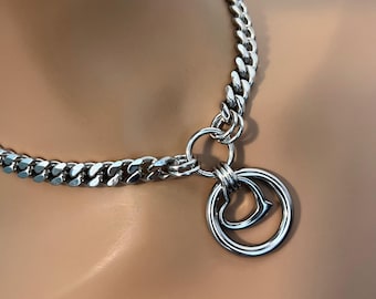 Collar de día con anilla en O y corazón cautivo, cadena impermeable 24/7, acero inoxidable