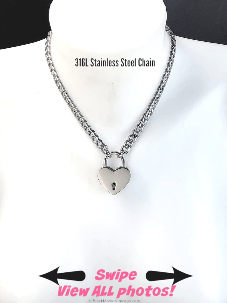 Locking Collar Submissive 316L Stainless Steel Chain and LARGE Nickel Heart Padlock BDSM Slave Necklace 