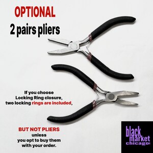 a pair of black pliers with a warning that they are "optional" and "2 pairs pliers" and that if the user chooses to purchase two locking ring closures, two locking rings are included. The pliers are displayed on a white background, and there is a small logo for "Black Market Chicago" at the bottom right corner.