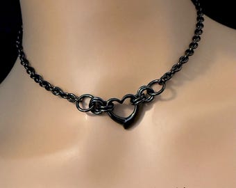 Sub Day Collar, 24/7 Wear Waterproof Lockable, Heart Ring, BLACK Stainless Steel