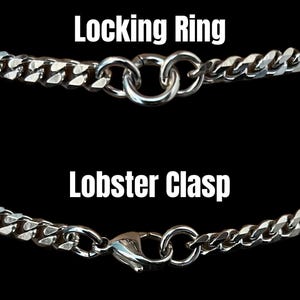 two silver-colored metal necklaces with lobster clasp closures, labeled as "Lockring" and "Lobster Clasp" respectively.