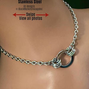 O-Ring BDSM Day Collar, 24-7, Stainless Steel; Sturdy Chain, Permanent Locking option
