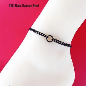 24/7 Sub Day Collar Ankle Bracelet, O-Ring, BLACK Stainless Steel, Waterproof, Permanent Lock option