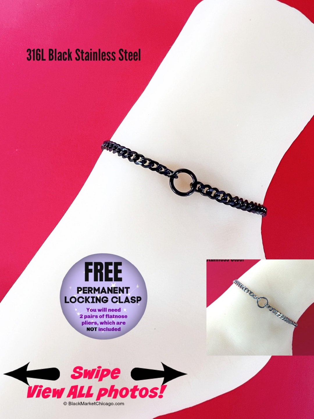 Sub or Dom Ankle Bracelet, BLACK Chain, Discreet, Waterproof, Permanent