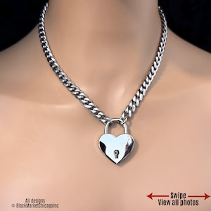 Locking Padlock Day Collar with Stainless Steel Chain; Nickel-Plated Heart Padlock