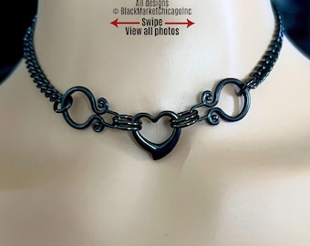 Goth Day Collar, BLACK Stainless Steel, Heart, 24/7 Locking