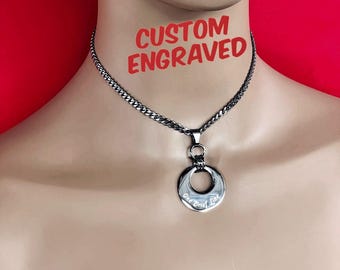 24/7 Sub Day Collar, Custom Engraved, Stainless Steel Curb Chain, Lockable