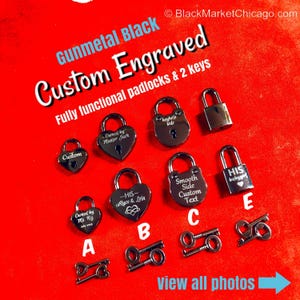 Engraved Padlocks 2 Keys,  Functional Black Steel, Love Locks
