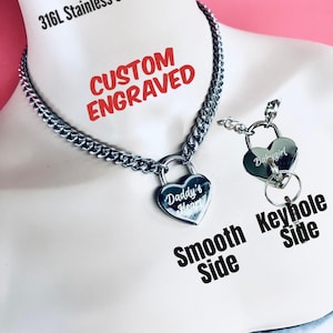 Custom Engraved Sub Day Collar, Stainless Steel Chain, NICKEL Heart Padlock