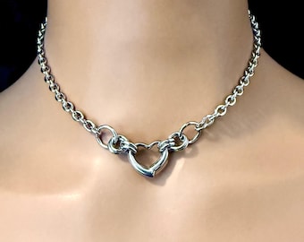 Sub Day Collar, 24/7 Wear Waterproof Lockable, Heart Ring, All Stainless Steel