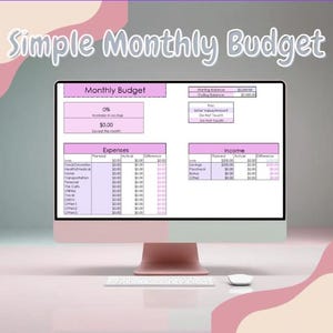 May include: A computer screen displaying a simple monthly budget spreadsheet with pink and white color scheme. The spreadsheet includes sections for income and expenses, with categories for savings, paycheck, bonus, food, utilities, transportation, and more. The starting balance is $2,000.00.