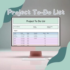 May include: A computer screen displaying a project to-do list with columns for activity, due by, budget, completion, progress, and notes. The list includes tasks such as planning, preparation, and various tasks labeled A through D. The deadline for the project is 4/4/2003.
