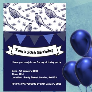 Faire-part de fête personnalisé faisan bleu - carte A5 avec enveloppes. Entièrement personnalisé. 21 et 60, toutes les occasions - country, bleu marine