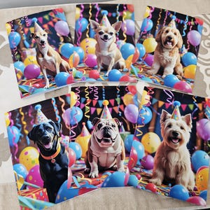 Six Birthday Party Dogs – set van 6 wenskaarten | Blanco binnenkant | Briefpapierset Dog Lovers | Elke gelegenheid, cockapoo, levendig, bulldog