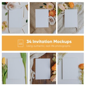 Pacote com 34 mockups realistas de convites de casamento em JPG com flores reais e fundos de madeira, elegante e minimalista, layout plano para casamento