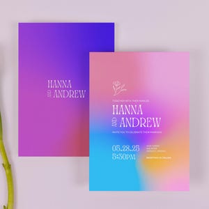 Plantilla de invitación de boda colorida de Canva: Tarjeta animada con detalles de la historia y votos, diseño digital editable.