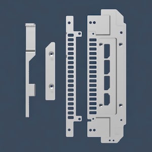 May include: A collection of silver-colored computer components, including brackets and panels, arranged against a dark blue background. The components feature various shapes, including rectangular and slotted designs, with multiple holes for screws.