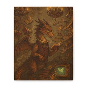 Home Office ArtWhimsical Dragon Art Canvas, Fantasy Decor for Book Lovers, Perfect Gift for Gamers, Unique Wall Art, Reading Nook Decor