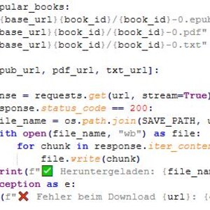 May include: Code snippet showing a Python script for downloading files from a website. The code uses the requests library to download files and the os library to save them to a specific directory. The code includes error handling to catch exceptions that may occur during the download process.
