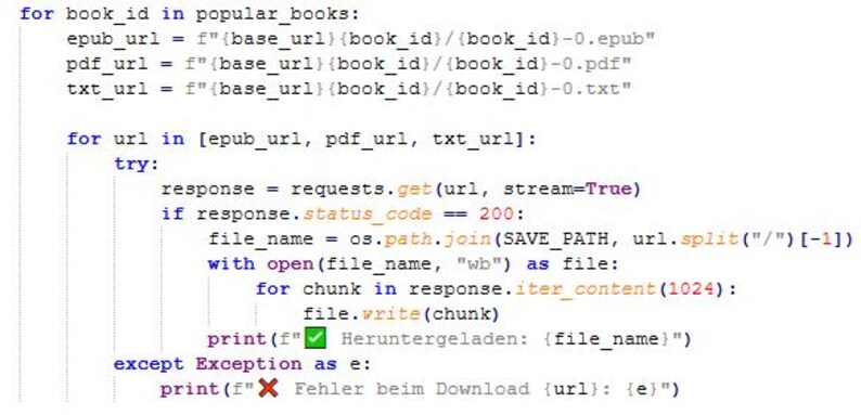 May include: Code snippet showing a Python script for downloading files from a website. The code uses the requests library to download files and the os library to save them to a specific directory. The code includes error handling to catch exceptions that may occur during the download process.