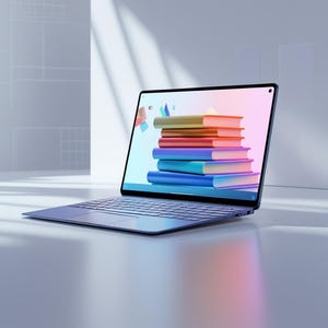 May include: A blue laptop computer with a keyboard and a stack of colorful books on the screen. The books are stacked on top of each other and are all different colors.