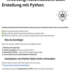 May include: A guide on how to automatically create books using Python. The guide includes instructions on installing Python, setting up the environment, and using Python to create presentations. The guide also includes a checklist of what you need to get started.