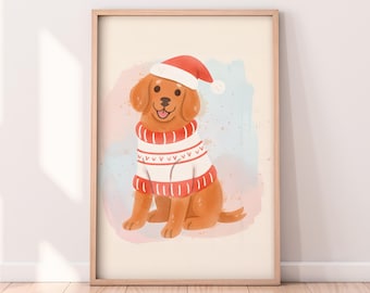 Watercolor Dog With Christmas Sweater and Hat Printable Artwork, Winter Printable Artwork, Xmas Painting, Rustic Winter Art, Painted Artwork