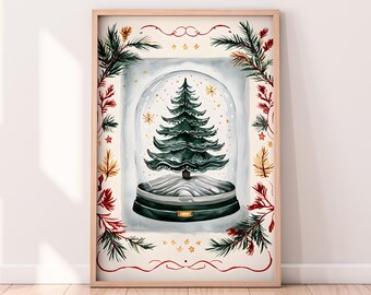 Watercolor Pine Tree Snow Globe Printable Artwork, Winter Printable Artwork, Christmas Painting, Rustic Winter Art, Painted Artwork