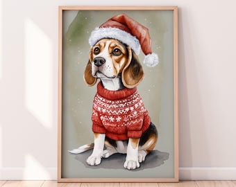 水彩画のクリスマス犬の印刷可能なアートワーク、冬の印刷可能なアートワーク、クリスマスの絵画、素朴な冬のアート、ペイントされたアートワーク