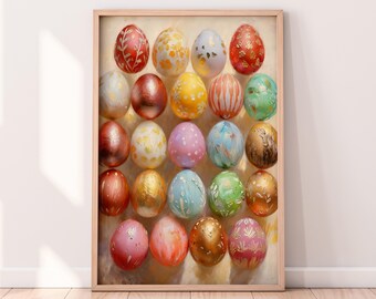 油絵 カラフルなイースターエッグ 印刷可能な壁アート、イースターの装飾、印刷可能な春のアート、春のホームデコレーション 油絵、イースターエッグプリント
