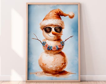 水彩画のトロピカルスノーマンの印刷可能なアートワーク、冬の印刷可能なアートワーク、冬のスノーマンの絵画、素朴な冬のアート、ペイントされたアートワーク