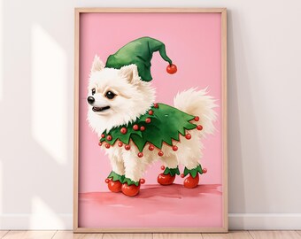 水彩画のクリスマスエルフ犬の印刷可能なアートワーク、冬の印刷可能なアートワーク、クリスマスの絵画、素朴な冬のアート、ペイントされたアートワーク